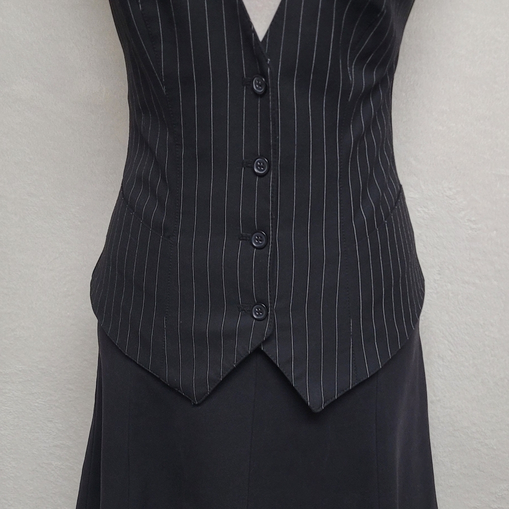 The Limited Rare Vintage Black Pinstripe Backless Halter Vest Flared Mini Skirt - Picture 4 of 15